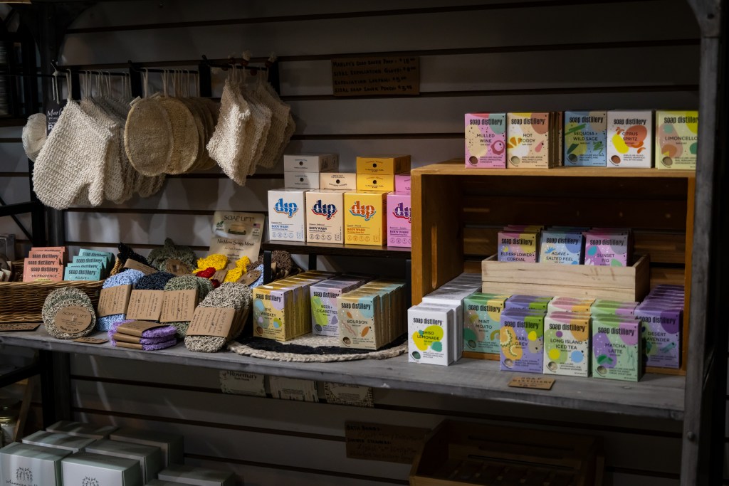 A display of eco-friendly soaps and bath products.